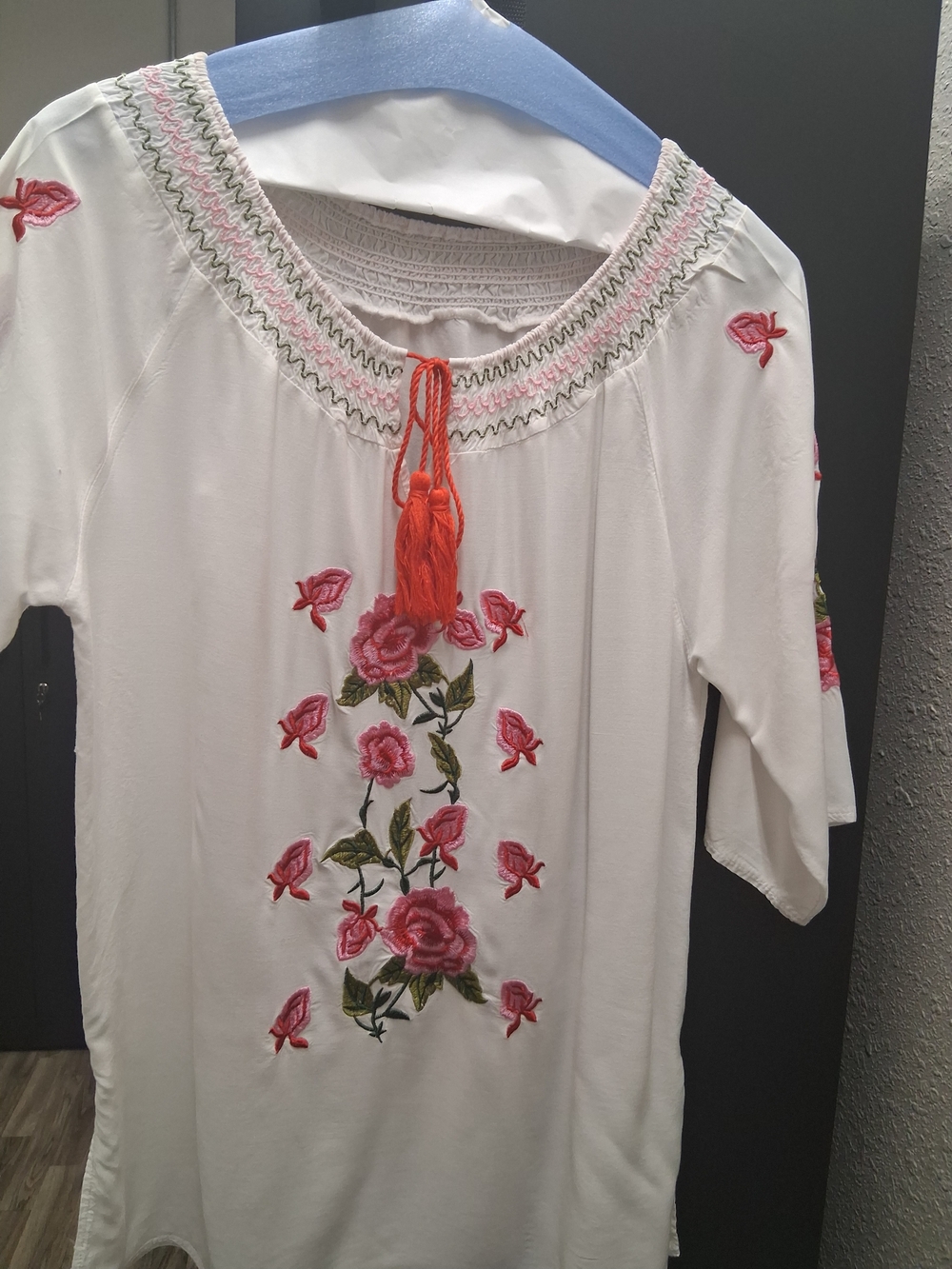 Embroidered White Women's Peasant Top with Pink Rose Motif